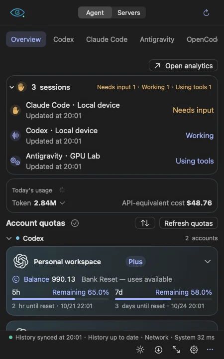 Compact account and session panel — macOS